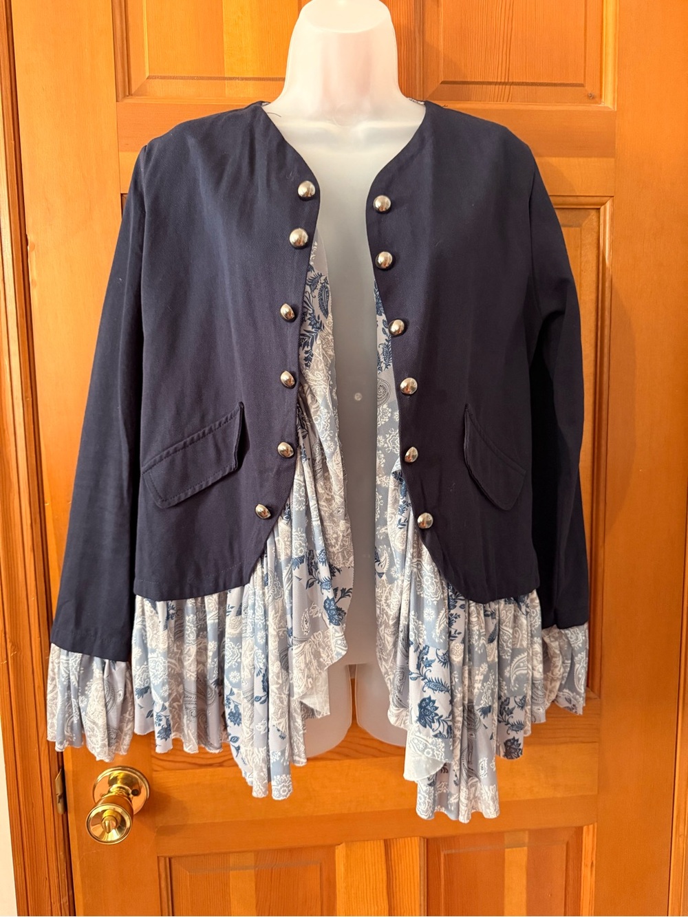 Navy Mixed-Media Ruffle Hem Women's Jacket